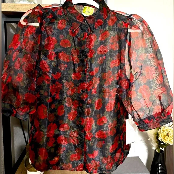 ♥️ Blashe Sheer Dramatic Floral Puff Sleeve Blouse - Picture 4 of 10